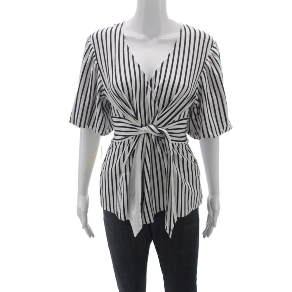 Hinson Wu Women Striped V-Neck Jersey Blouse Short-Sleeve Black Size XS